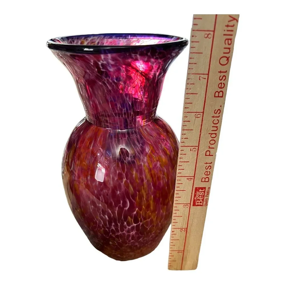 Cranberry Art Glass Confetti Vase‎ Hand Blown Tortoise Marbled Signed Brubaker